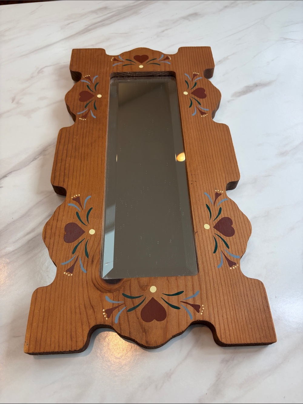 Vintage rustic farmhouse Wood Folk Art Scalloped Edge with Hearts Mirror 16 in.